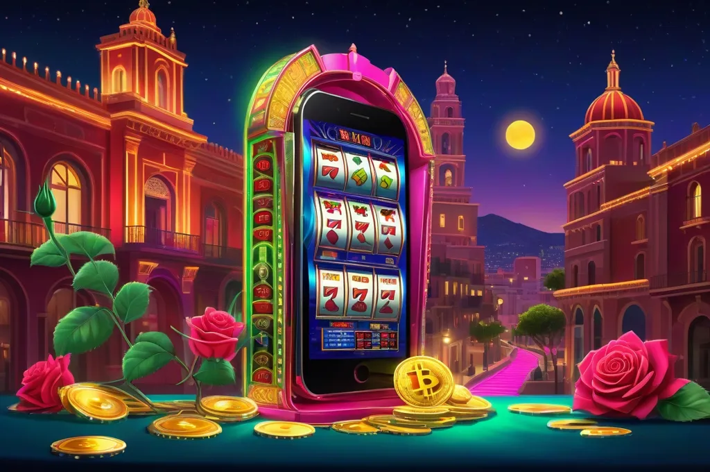 Móvil con una tragamonedas, monedas de Bitcoin y una rosa roja frente a edificios españoles iluminados de noche